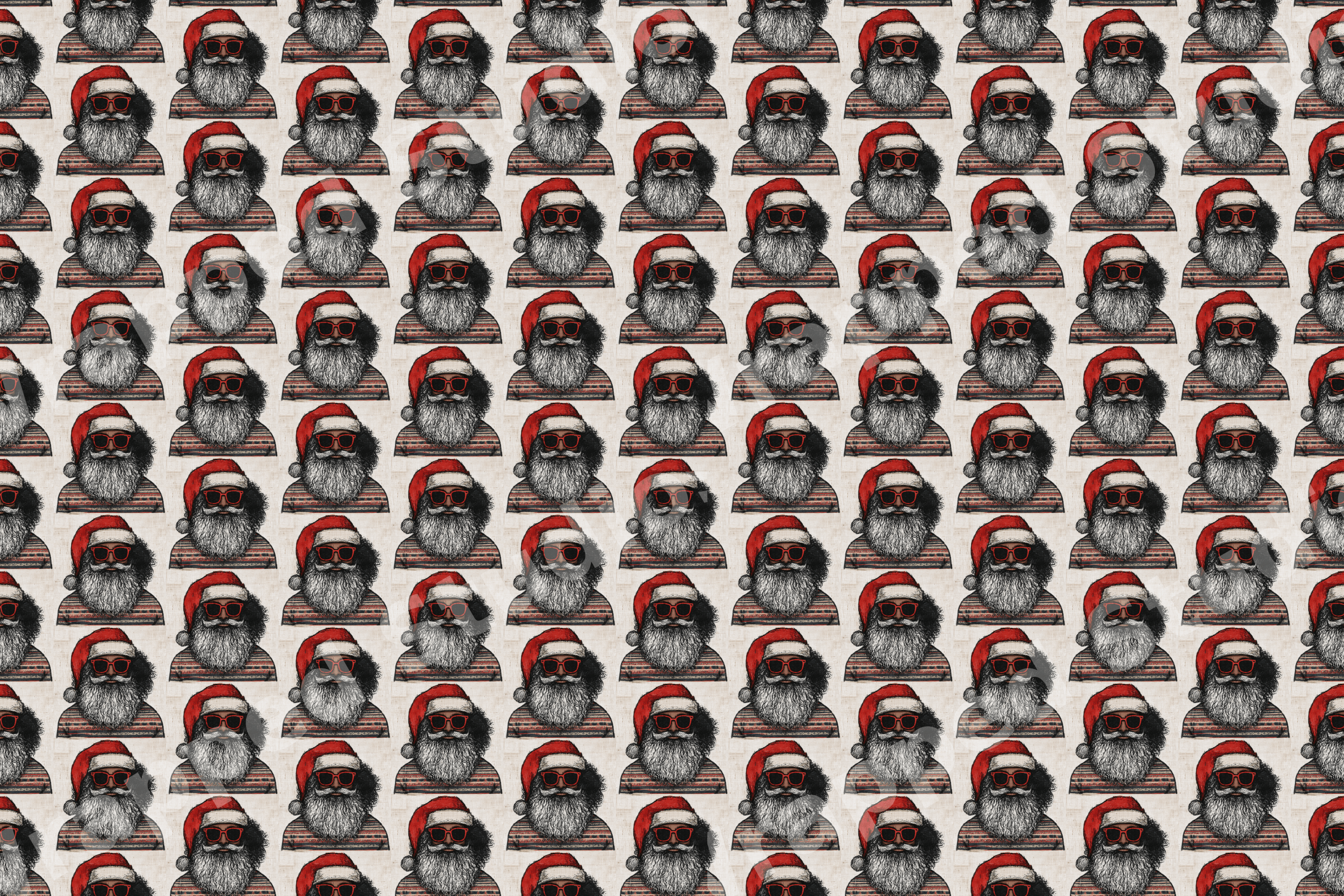 Retro Christmas pattern featuring cool illustrated Santa Claus characters wearing red sunglasses on cream.