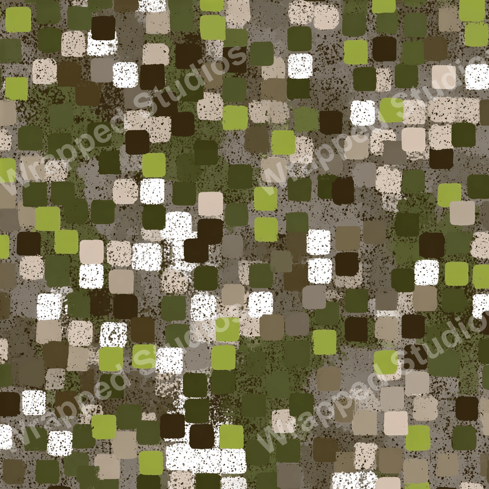 Abstract geometric pattern of squares in shades of green, brown, beige, and white with a mottled texture.