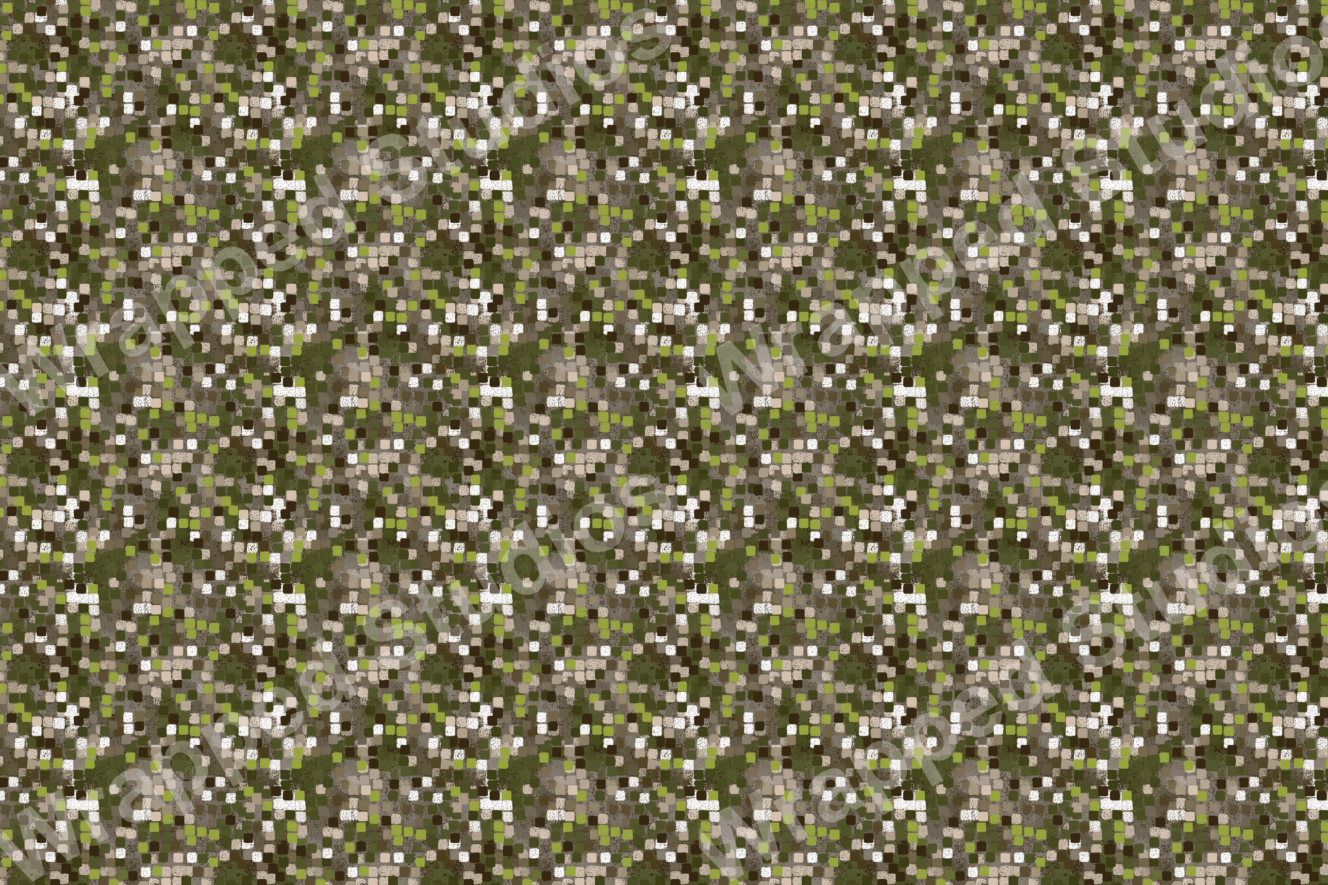 Mosaic pattern with geometric square tiles in earthy greens, browns, and beige.