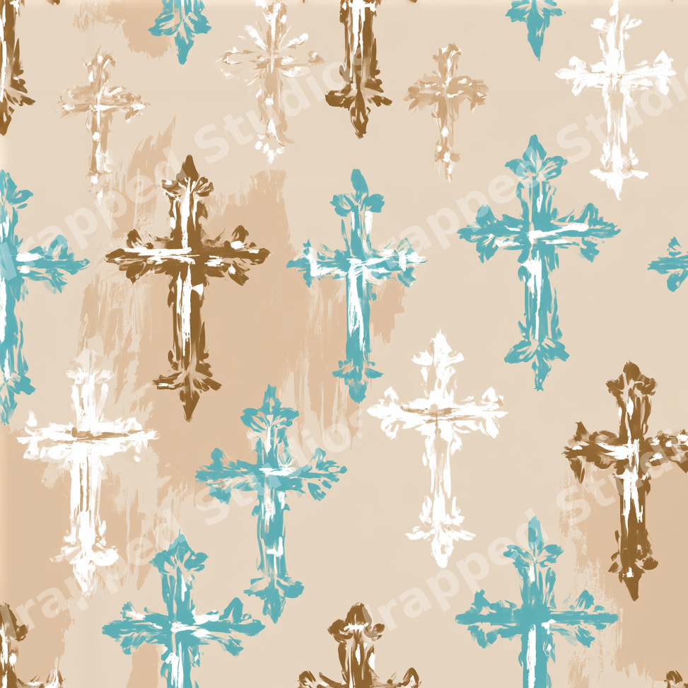 Rustic cross pattern featuring distressed teal and brown ornate crosses on a neutral beige background.