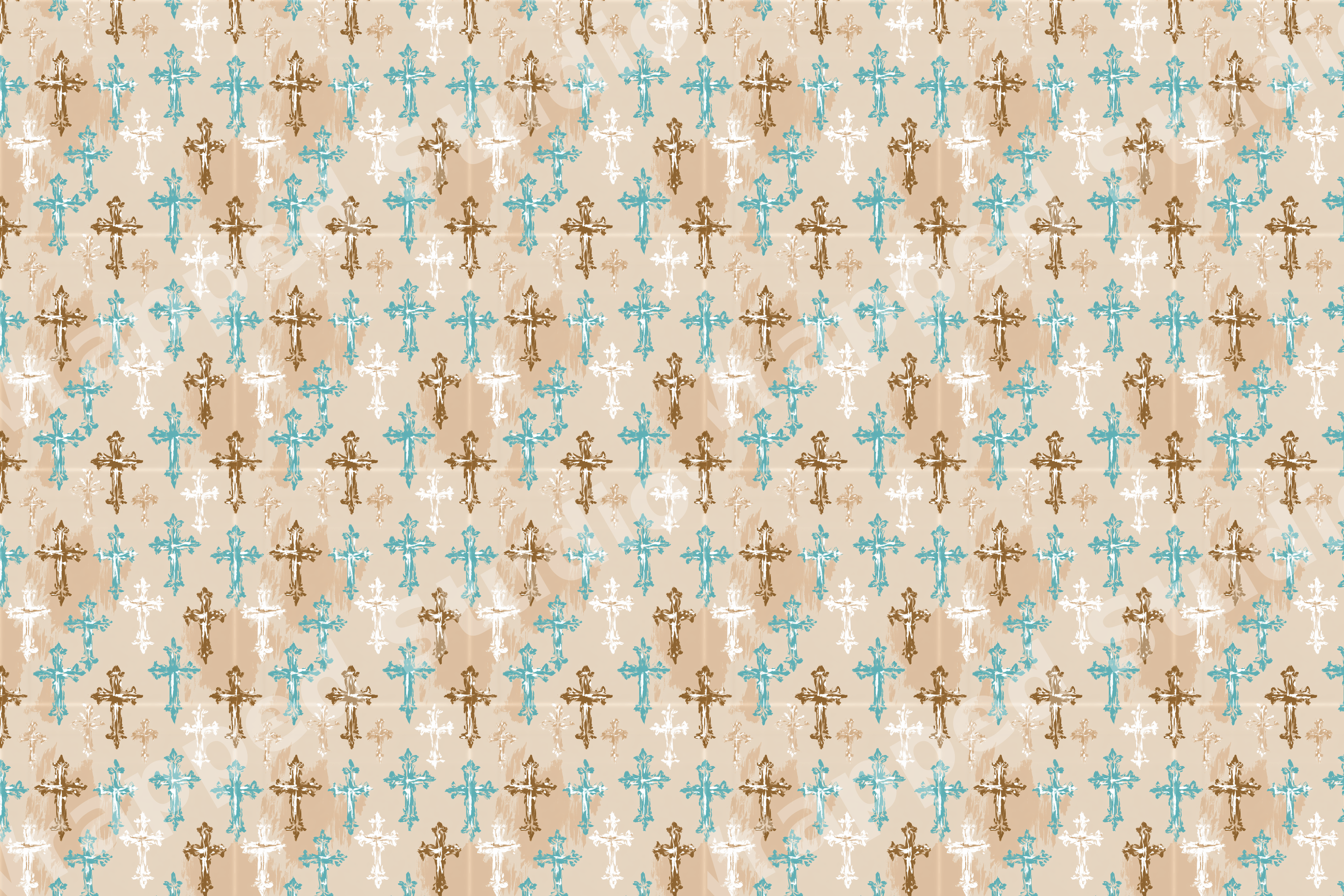 Vintage cross pattern with distressed teal, brown, and white ornate crosses on a textured beige background.