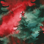 Watercolor Christmas tree pattern with red star toppers on a green and red tie-dye background.