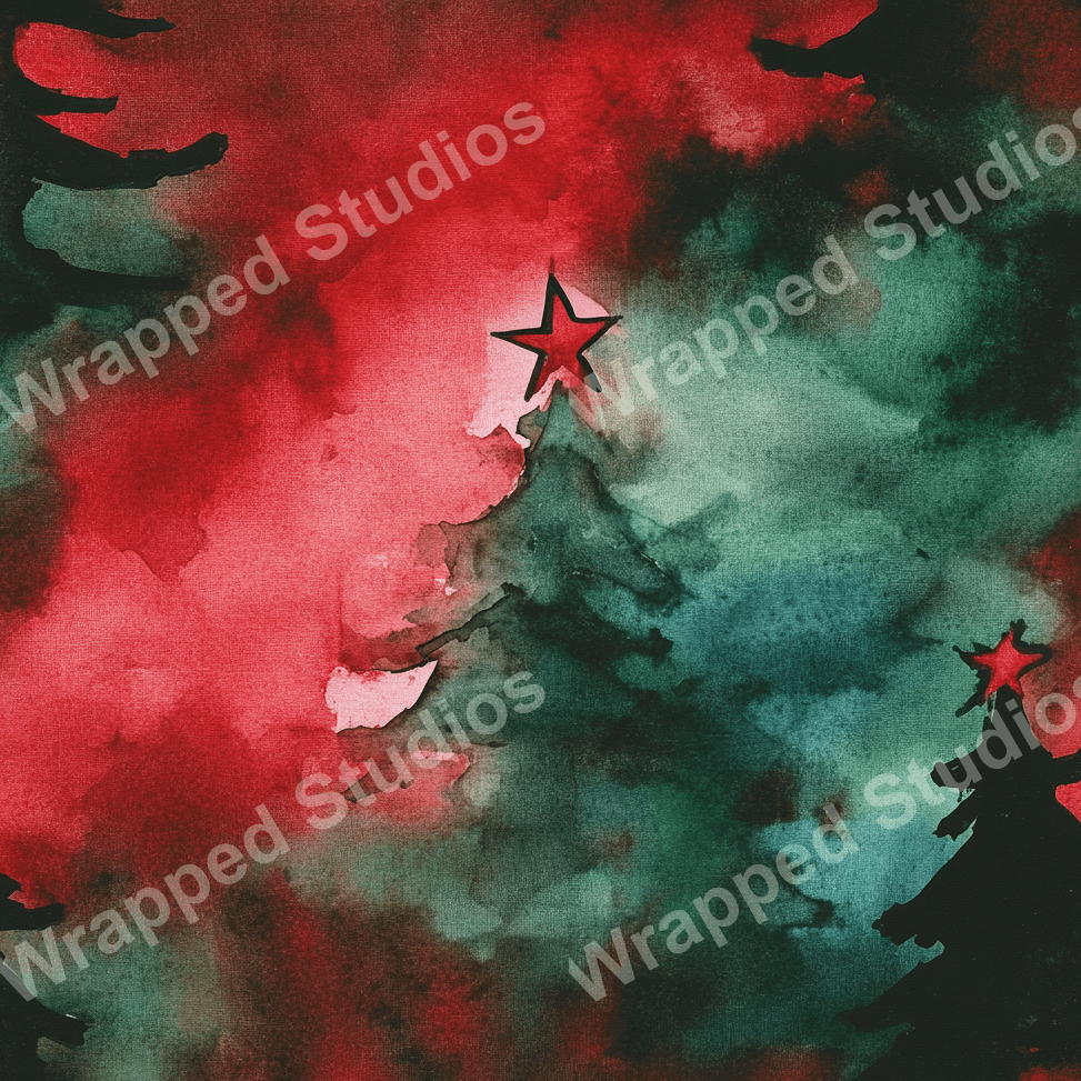 Watercolor Christmas tree pattern with red star toppers on a green and red tie-dye background.