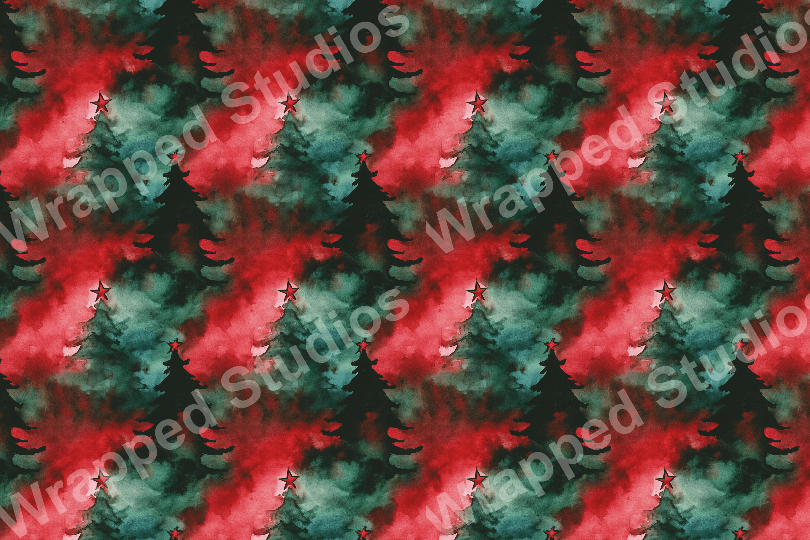 Watercolor Christmas tree pattern with red star toppers, set against an abstract red and green painted background.