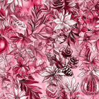 Monochrome floral pattern with poinsettias, roses, pinecones, and ornaments in shades of pink.