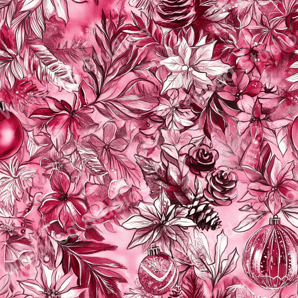 Monochrome floral pattern with poinsettias, roses, pinecones, and ornaments in shades of pink.