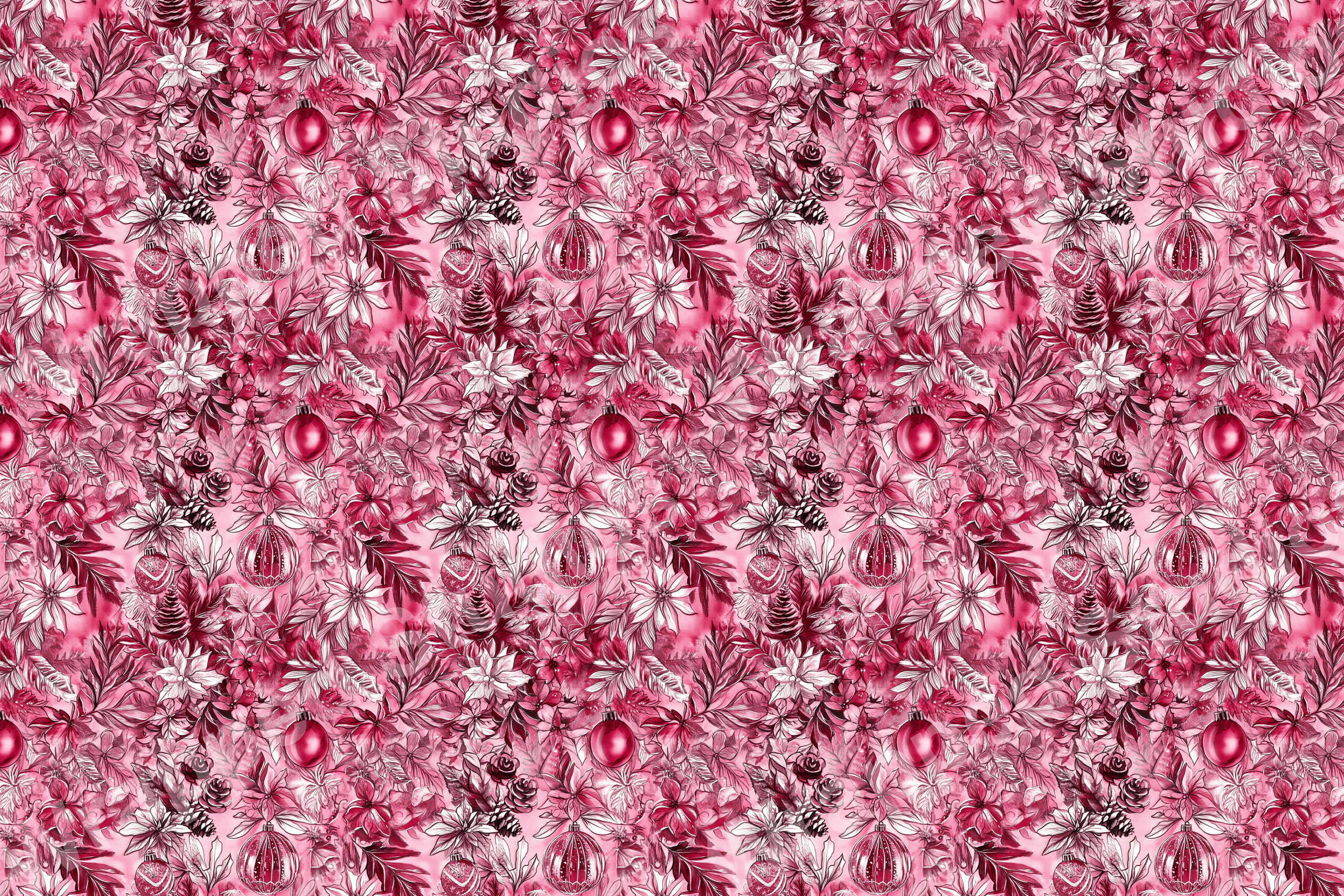 Pink and white festive pattern featuring seasonal botanicals and Christmas ornaments.