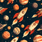 Retro outer space seamless pattern with vintage rockets, planets, and stars on a dark background.