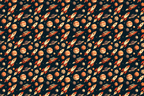 Retro space pattern featuring vintage rockets and colorful planets on a dark starry background.
