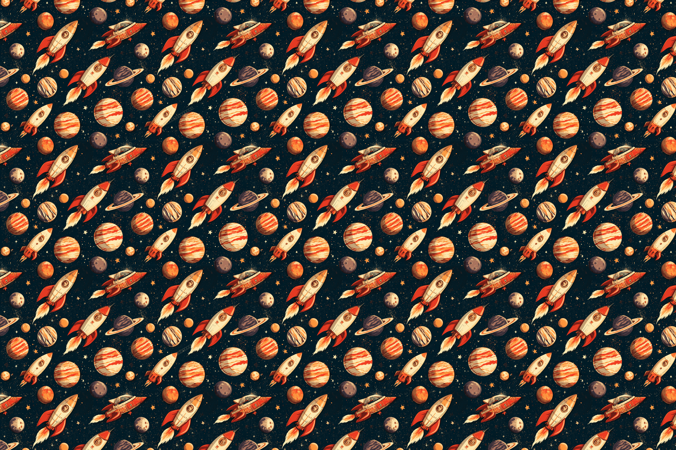 Retro space pattern featuring vintage rockets and colorful planets on a dark starry background.