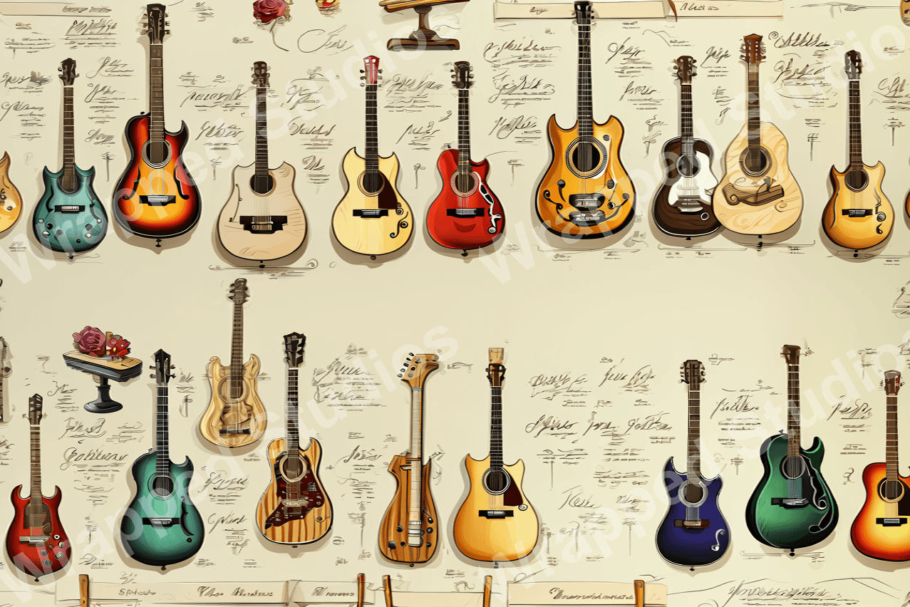 Colorful guitar pattern with musical instruments and script on a light beige background.