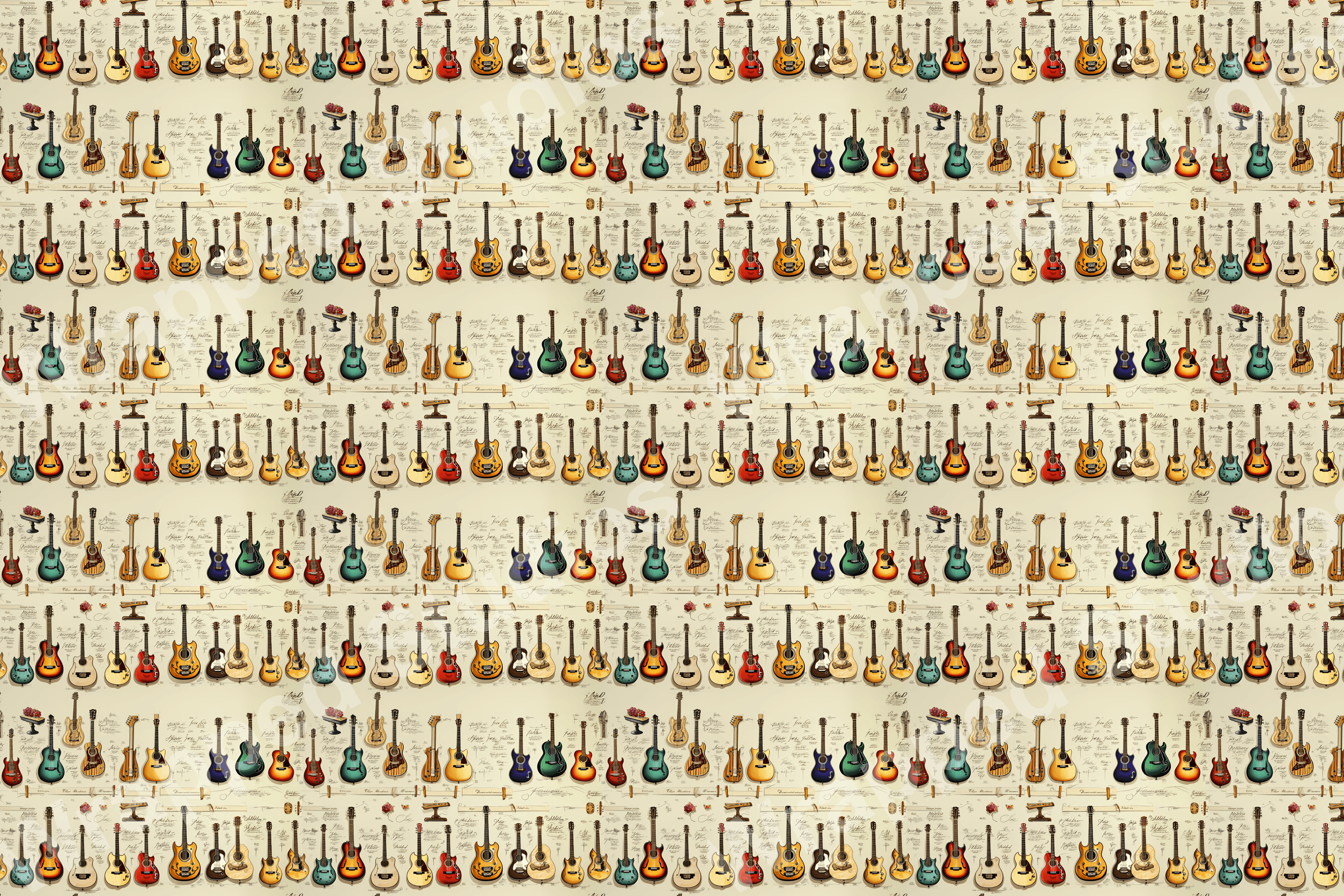Vintage-style repeat pattern of colorful acoustic guitars with handwritten notes on a light beige background.