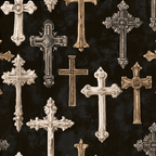 Vintage gothic cross pattern with ornate antique gold and cream crosses on a black background.