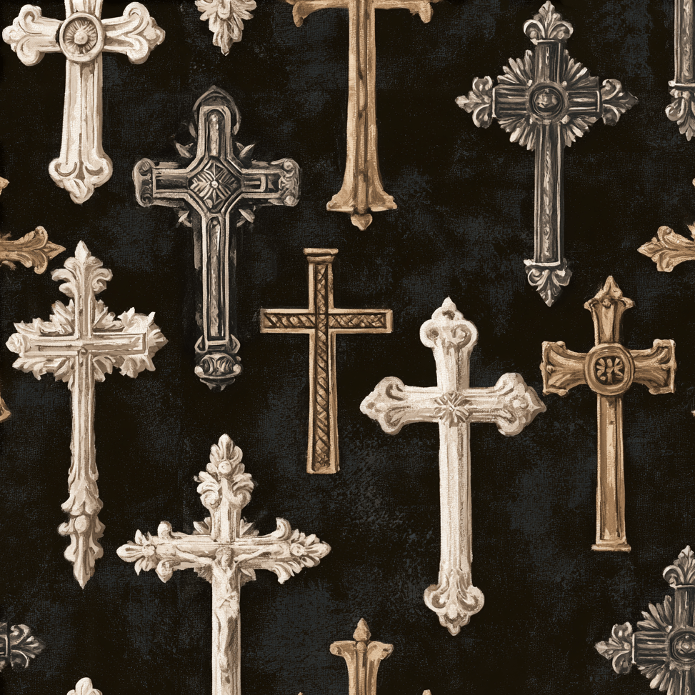 Vintage gothic cross pattern with ornate antique gold and cream crosses on a black background.