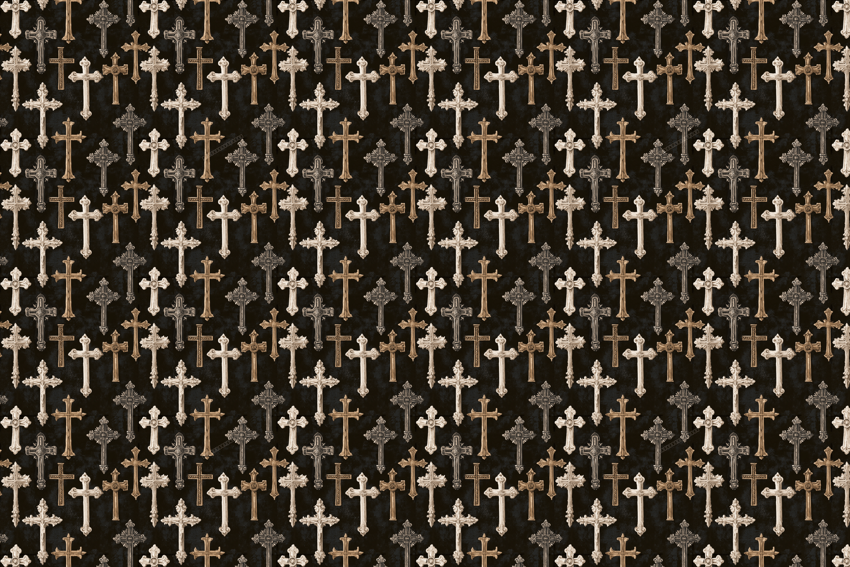 Vintage gothic cross pattern with ornate beige and brown crucifixes on a black background.