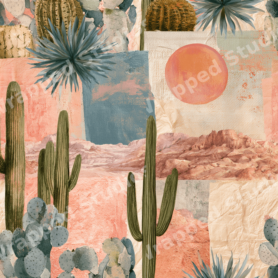 Seamless boho desert pattern with watercolor cactus, agave, and sun collage in terracotta and sage green.