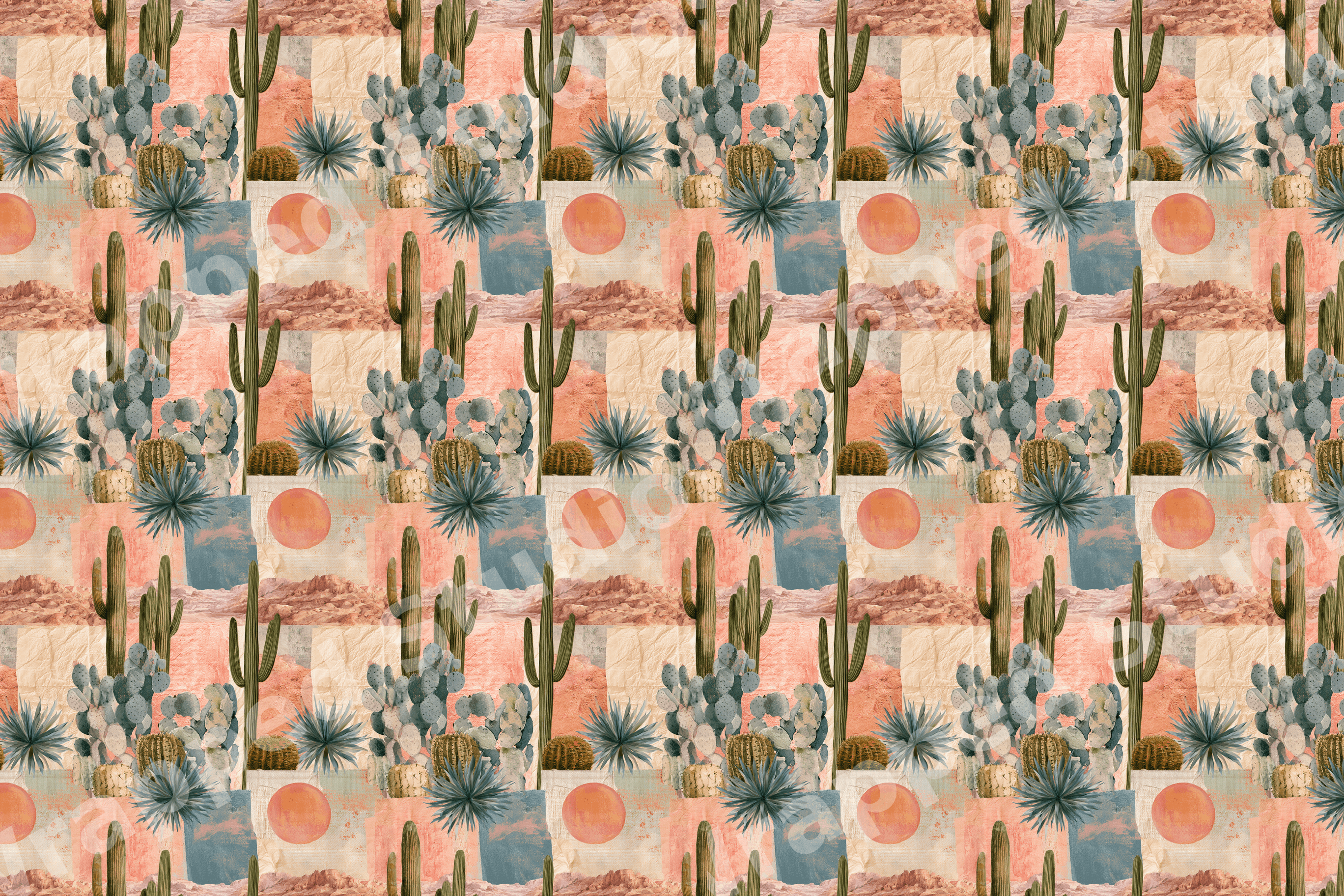 Boho desert cactus pattern with saguaro, agave, and sun motifs in terracotta, peach, and sage green.