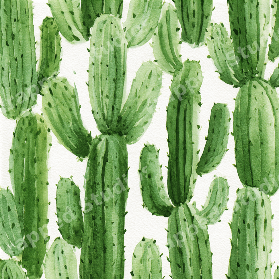 Watercolor green saguaro cactus pattern, seamless desert botanical print on a white background.
