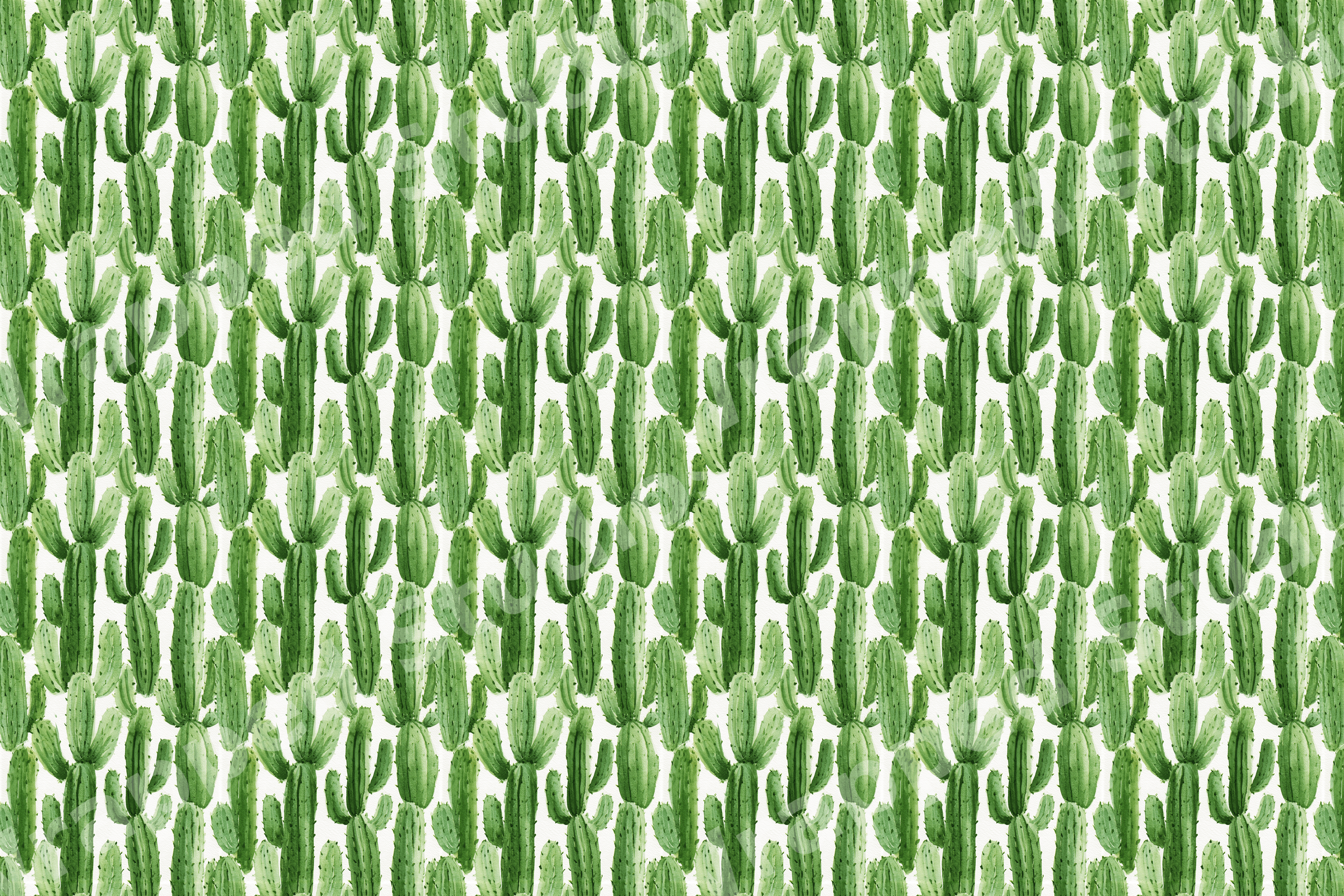 Seamless watercolor green cactus pattern with saguaro desert motifs on a white background.