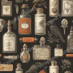 Apothecary pattern with vintage botanical and bird illustrations on a dark background.