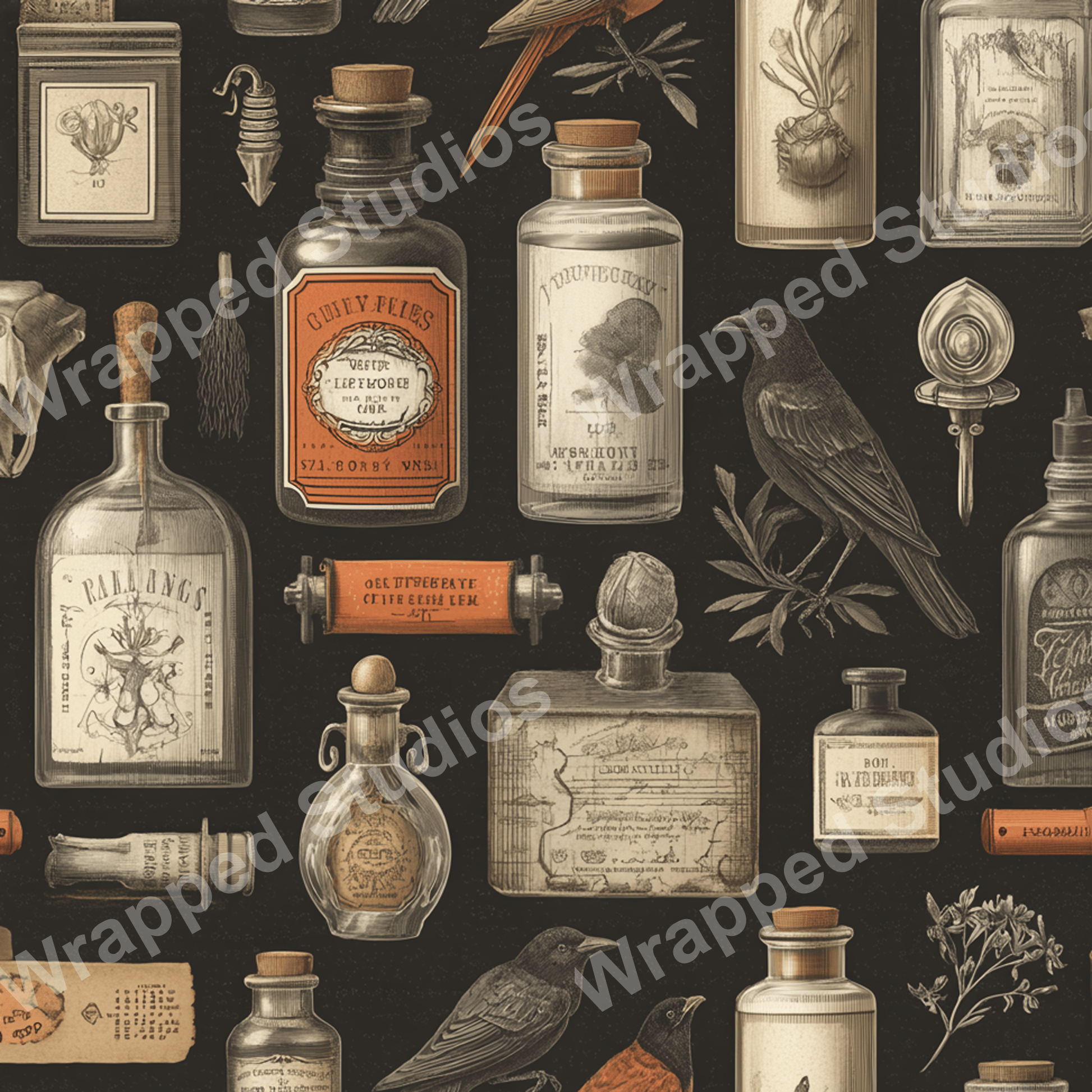 Apothecary pattern with vintage botanical and bird illustrations on a dark background.