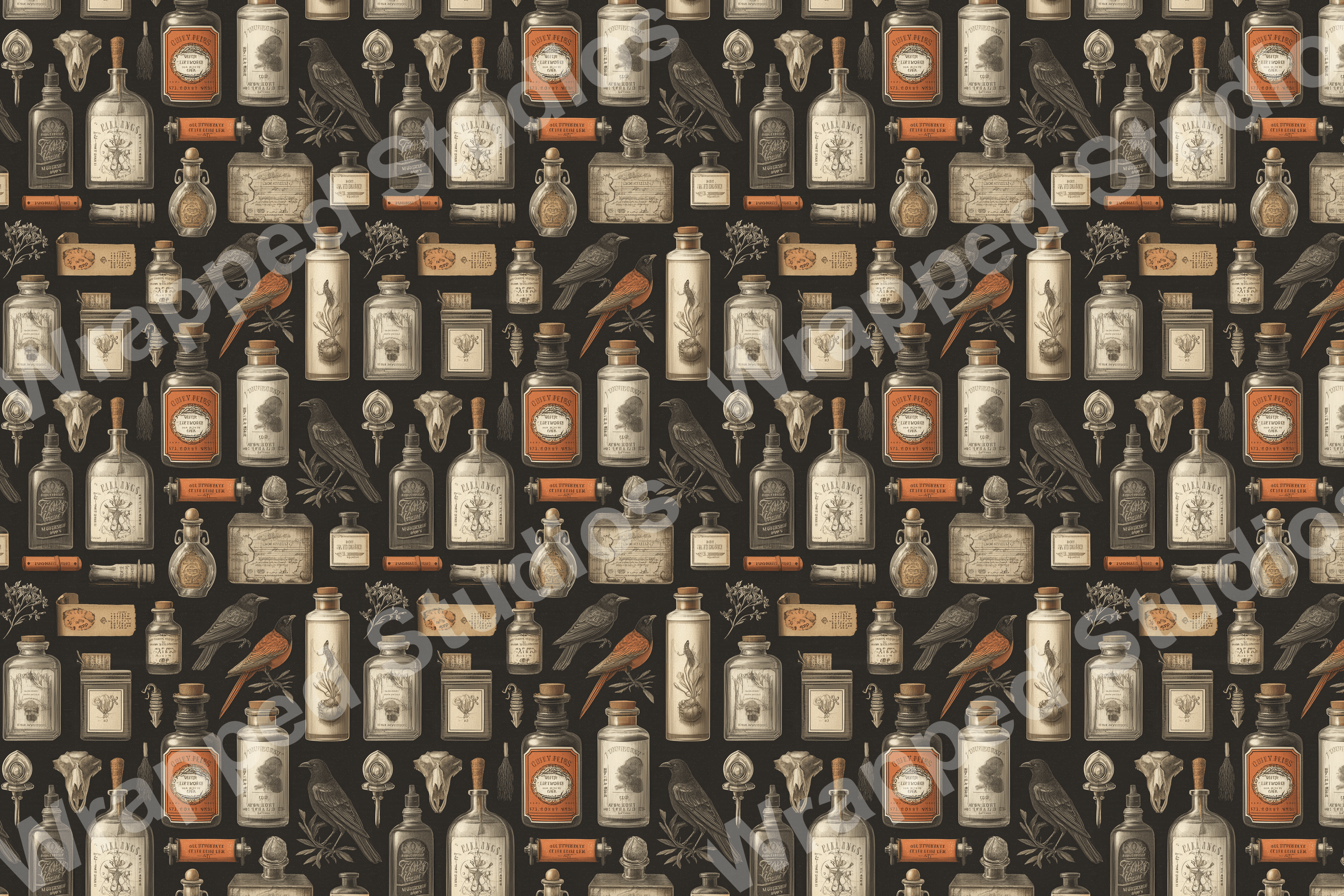 Dark academia pattern with vintage apothecary bottles, birds, and skull motifs.