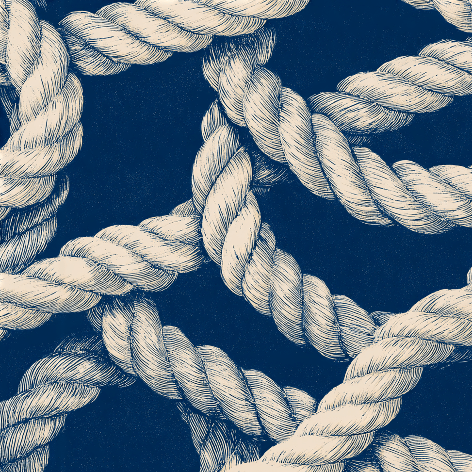 Vintage nautical rope pattern featuring cream hand-drawn twisted ropes on a dark navy blue background.