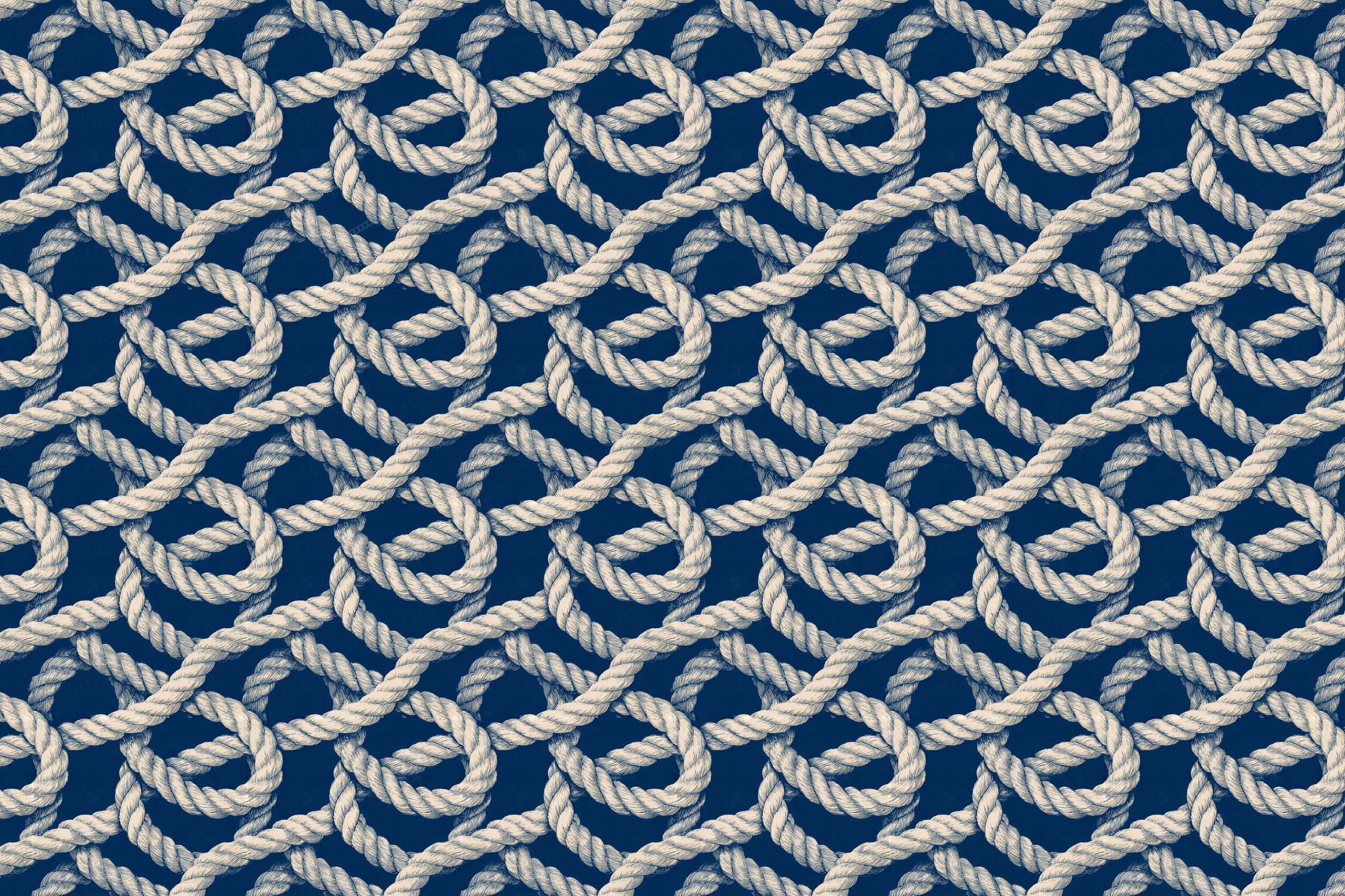 Vintage nautical rope pattern featuring seamless cream sailor knots on a dark navy blue background.