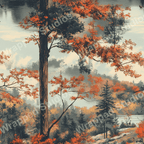 Vintage botanical design featuring autumn trees and lake in shades of orange, blue, and green.
