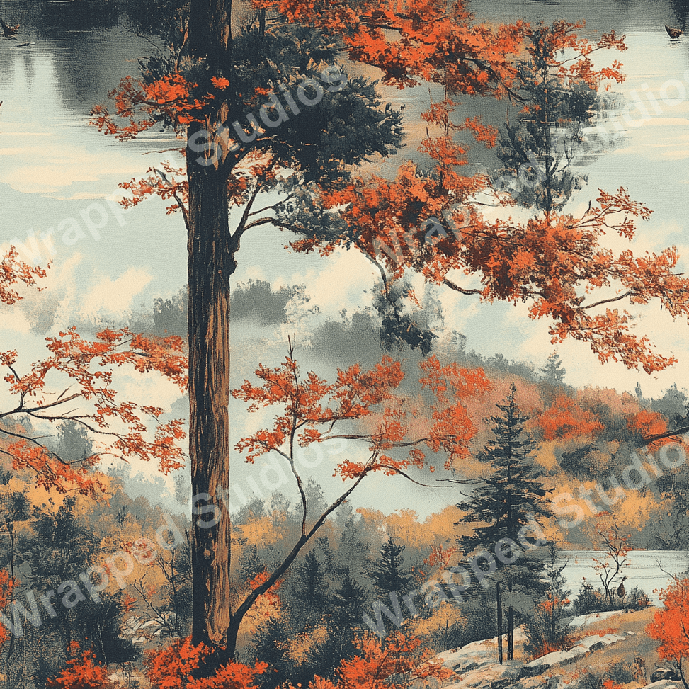 Vintage botanical design featuring autumn trees and lake in shades of orange, blue, and green.