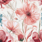 Vintage botanical design with elegant watercolor pink poppies and soft green leaves on a cream background.