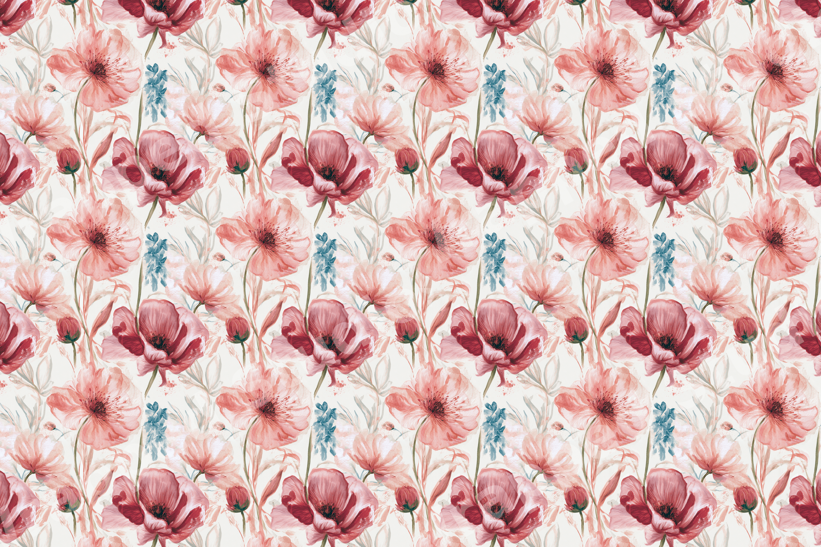 Vintage botanical watercolor floral pattern featuring pink and burgundy poppies.