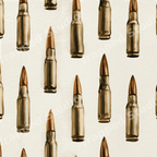 Seamless watercolor ammunition pattern with brass rifle bullets on a textured cream background.