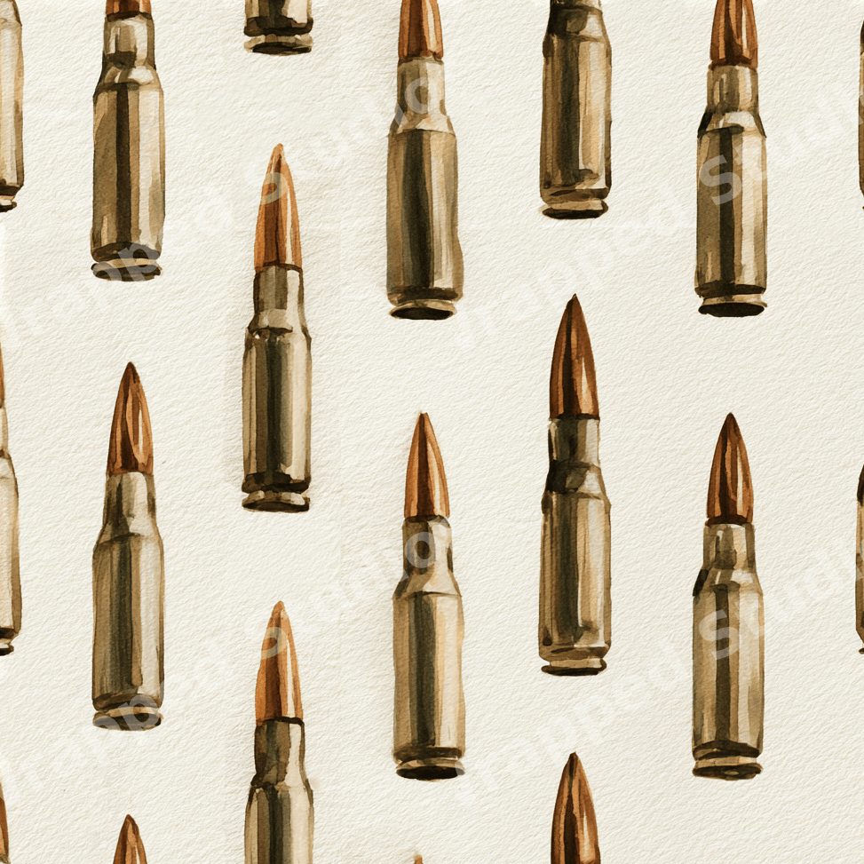 Seamless watercolor ammunition pattern with brass rifle bullets on a textured cream background.