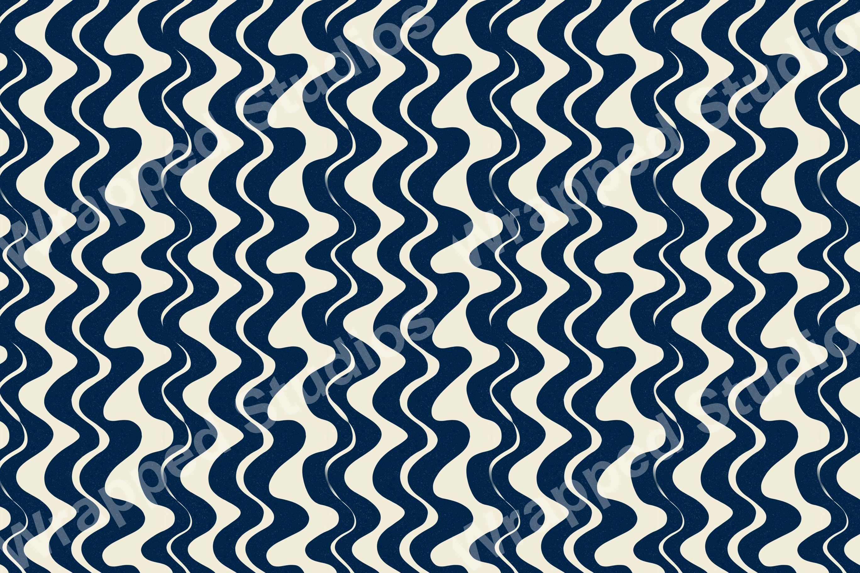 Abstract wavy stripe pattern in deep navy blue and cream, featuring a retro 60s or 70s aesthetic.