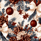 Elegant vintage Christmas pattern with pinecones, red ornaments, and evergreen branches.