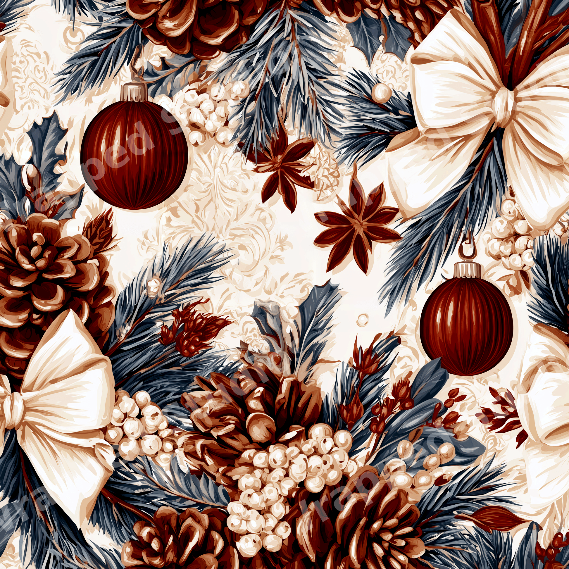 Elegant vintage Christmas pattern with pinecones, red ornaments, and evergreen branches.