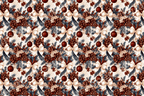 Vintage botanical Christmas pattern with pinecones, red holiday ornaments, and cream bows.
