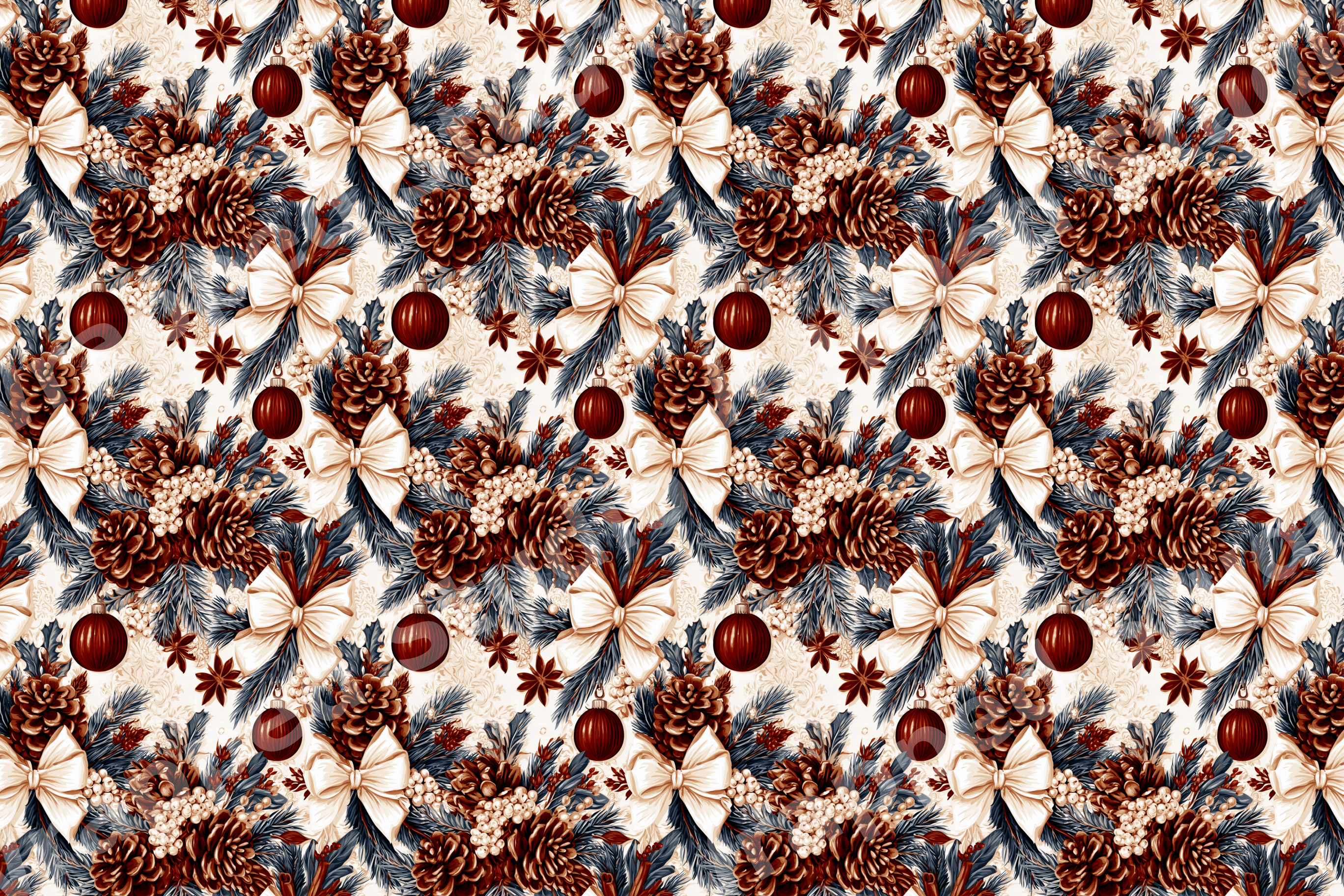 Vintage botanical Christmas pattern with pinecones, red holiday ornaments, and cream bows.