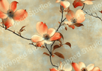Seamless floral pattern featuring dogwood blossoms in peach and cream on a textured beige background.