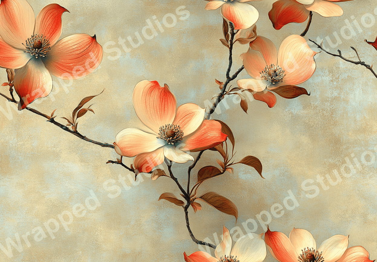 Seamless floral pattern featuring dogwood blossoms in peach and cream on a textured beige background.