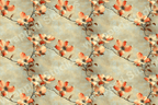 Vintage botanical design with dogwood floral pattern in coral and pale yellow on a mottled tan background.