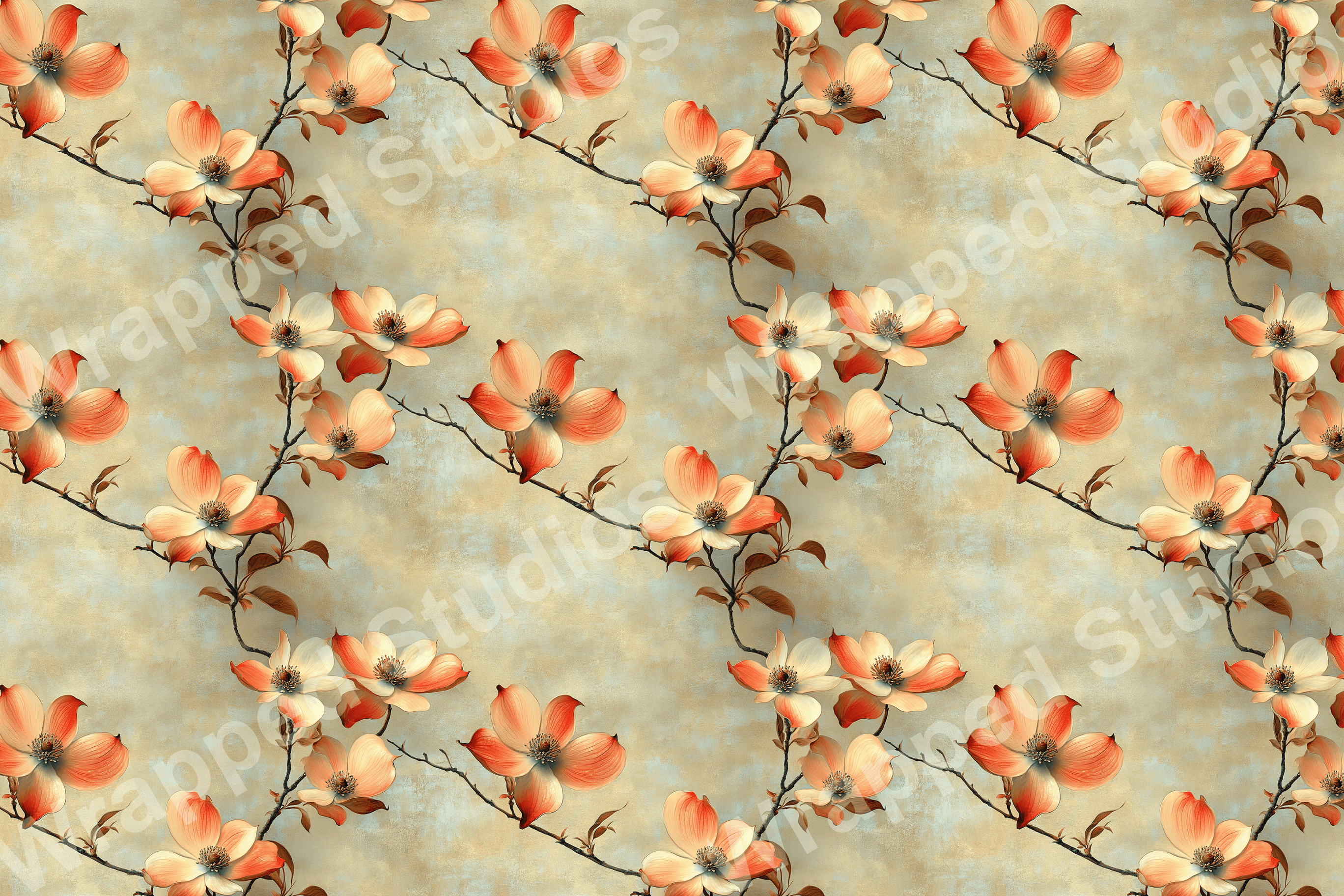 Vintage botanical design with dogwood floral pattern in coral and pale yellow on a mottled tan background.