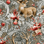 Vintage winter botanical pattern with a painted deer, antlers, and red roses on a frosted sage green background.
