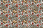 Vintage Christmas pattern featuring rustic stags, red holiday berries, and botanical pine foliage on grey.