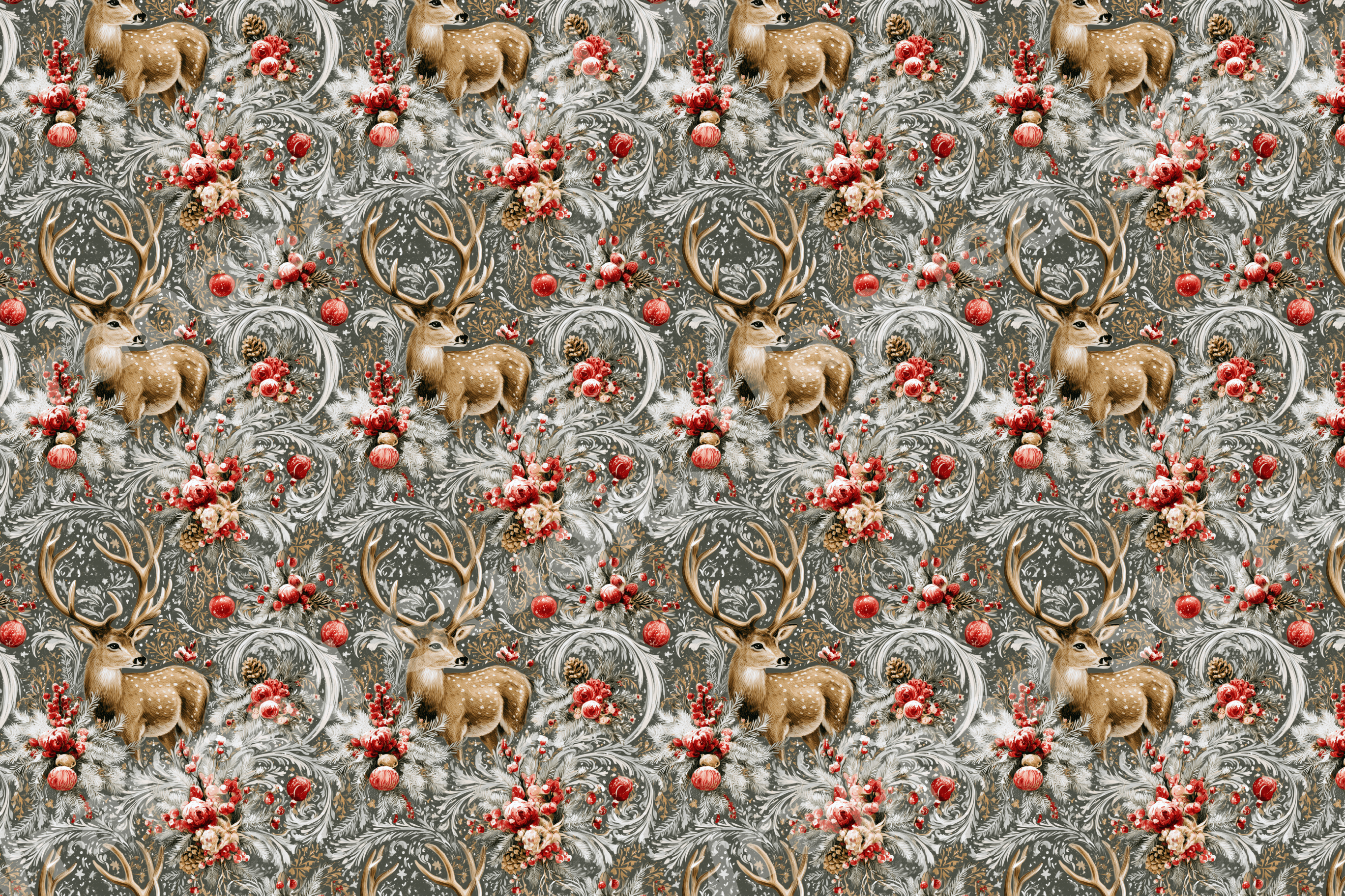 Vintage Christmas pattern featuring rustic stags, red holiday berries, and botanical pine foliage on grey.