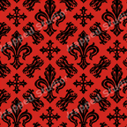 Gothic damask pattern featuring black fleur-de-lis and vintage crosses on a vibrant red background.
