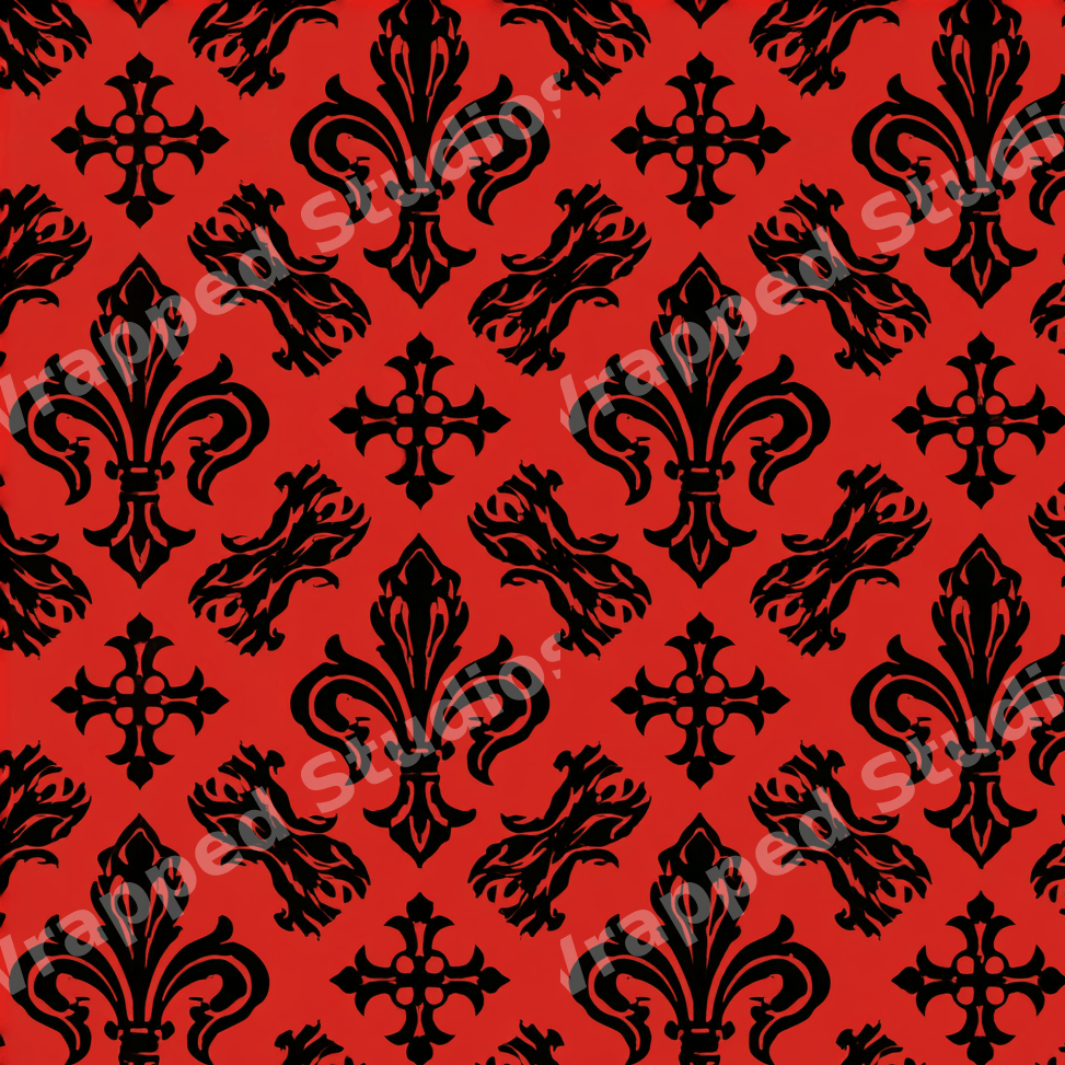 Gothic damask pattern featuring black fleur-de-lis and vintage crosses on a vibrant red background.