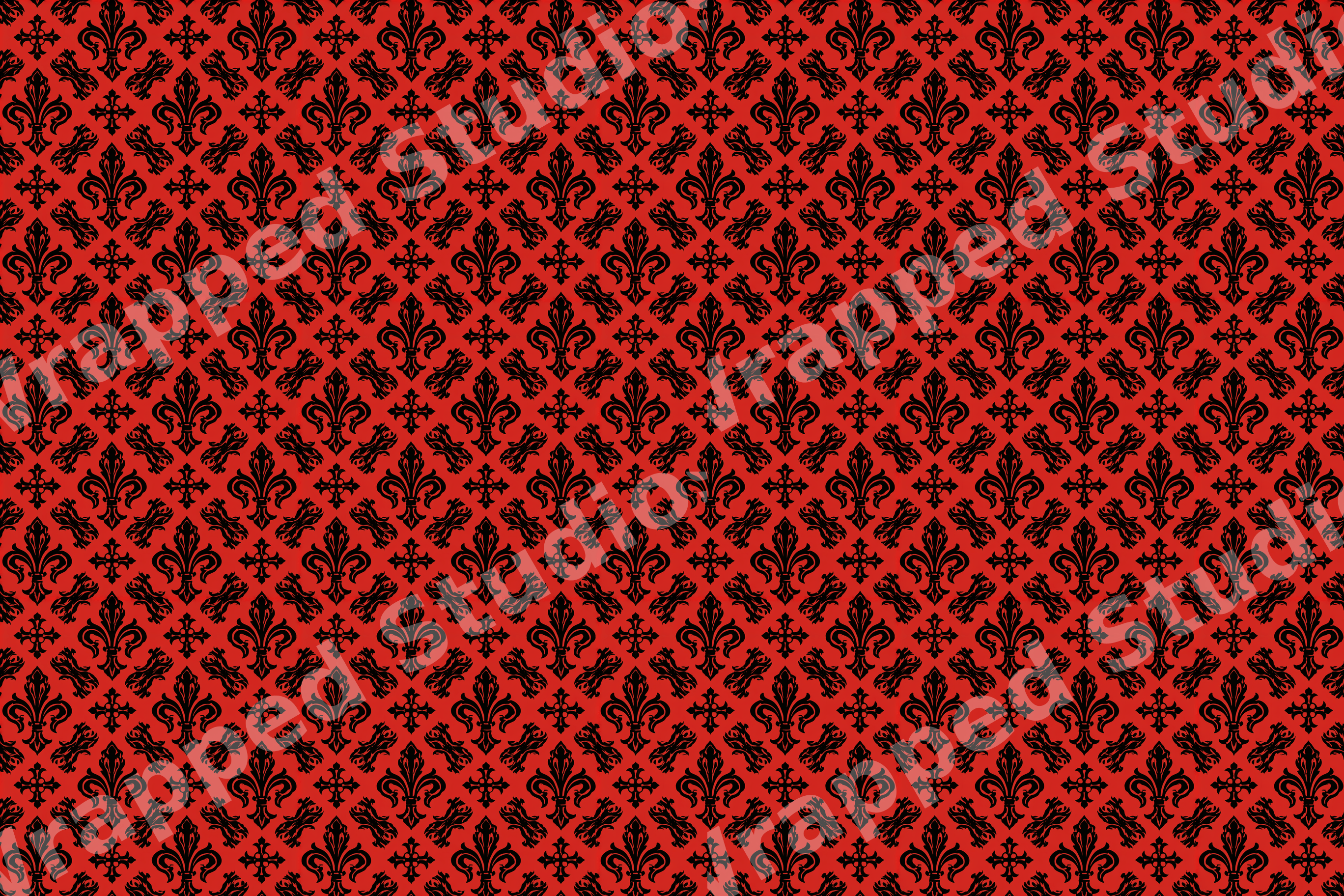 Vintage black fleur-de-lis damask pattern on a red background.