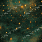 Elegant celestial pattern design with gold starbursts and constellations on a dark teal background.